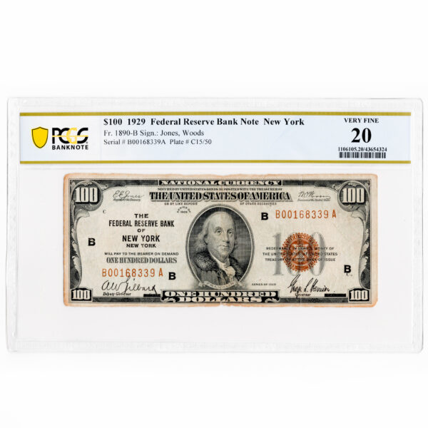 $100 1929 Benjamin Franklin Federal Reserve Note New York